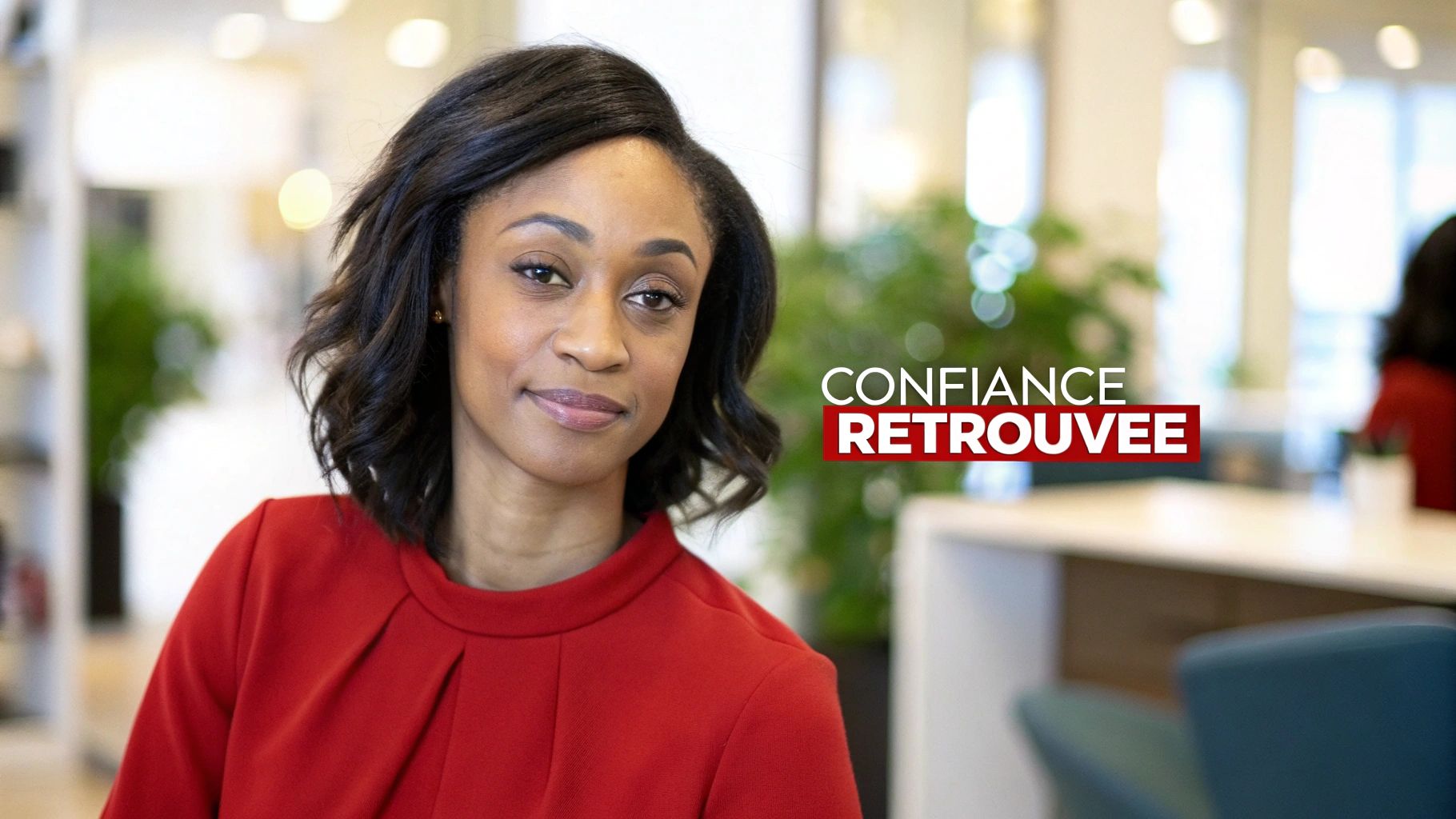 Une femme aux cheveux longs et blonds touche délicatement sa chevelure, le regard confiant.