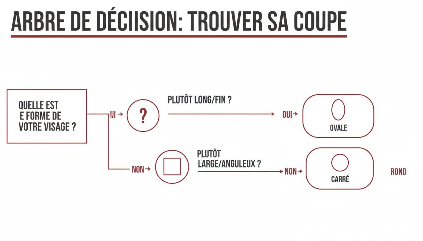 Diagramme d'arbre de décision interactif pour choisir une coupe de cheveux selon la forme de votre visage.