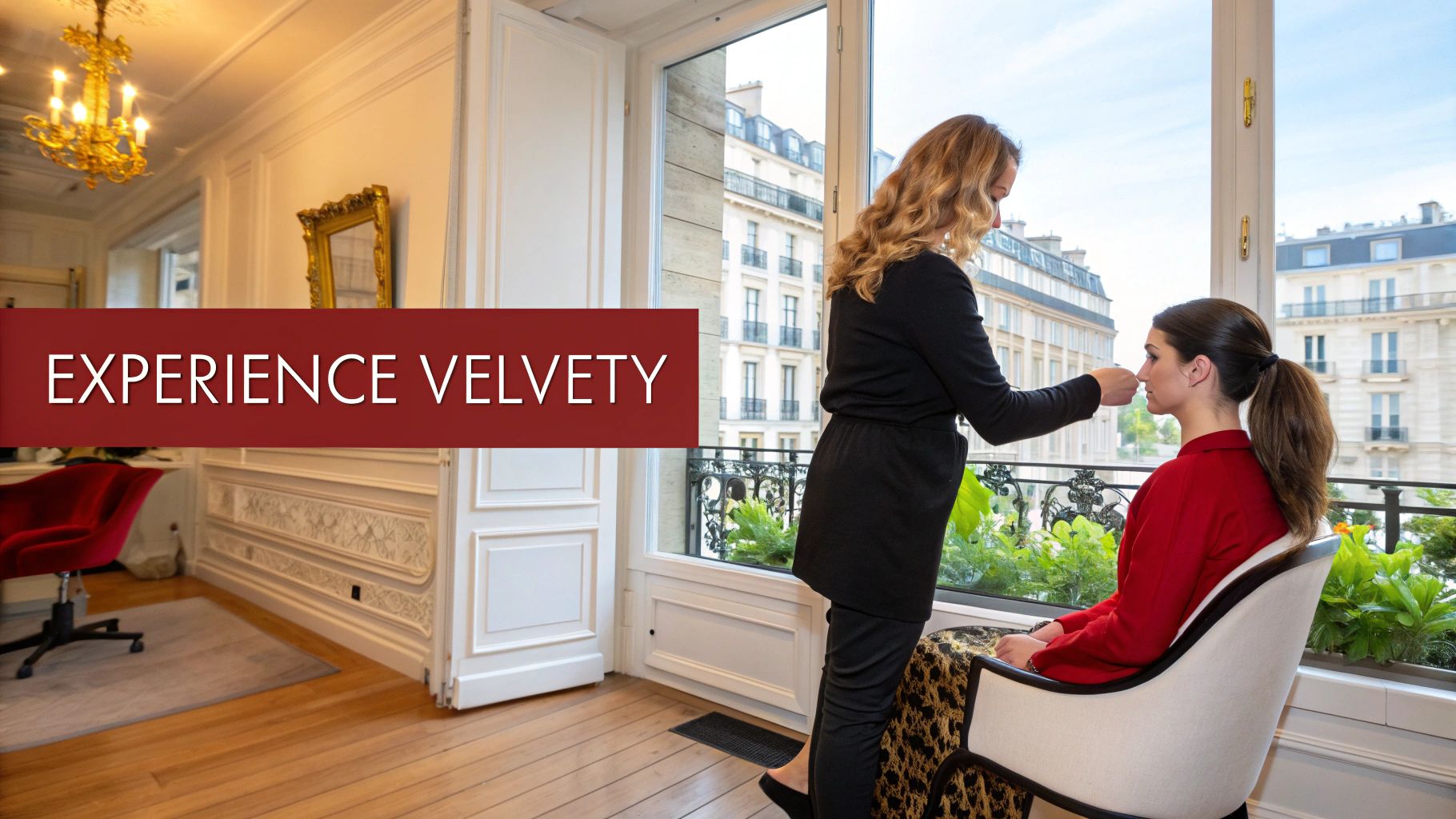 Deux femmes dans une pièce élégante avec vue sur Paris, l'une appliquant du maquillage à l'autre.