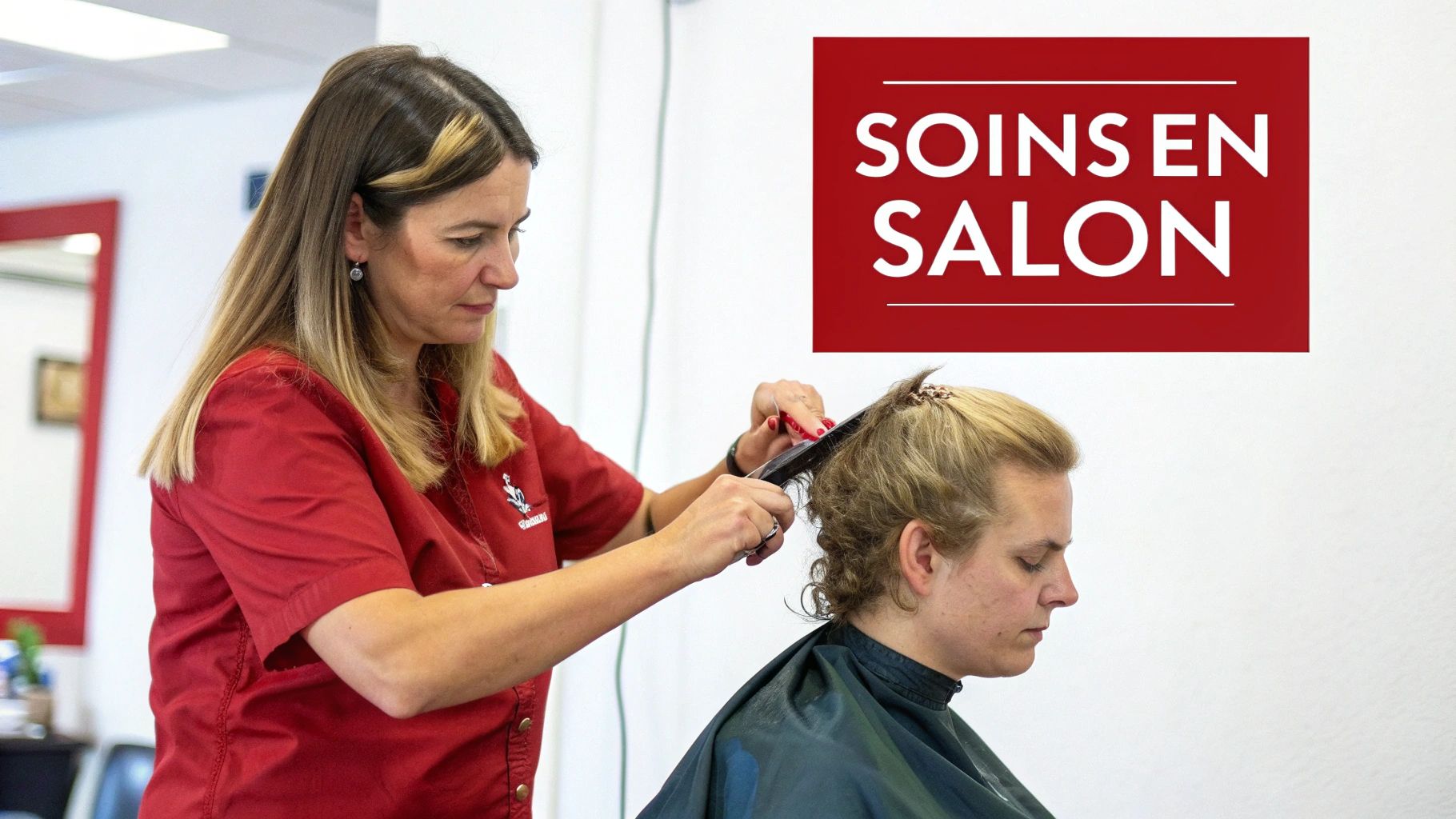 Femme recevant un soin capillaire professionnel dans un salon de coiffure de luxe.
