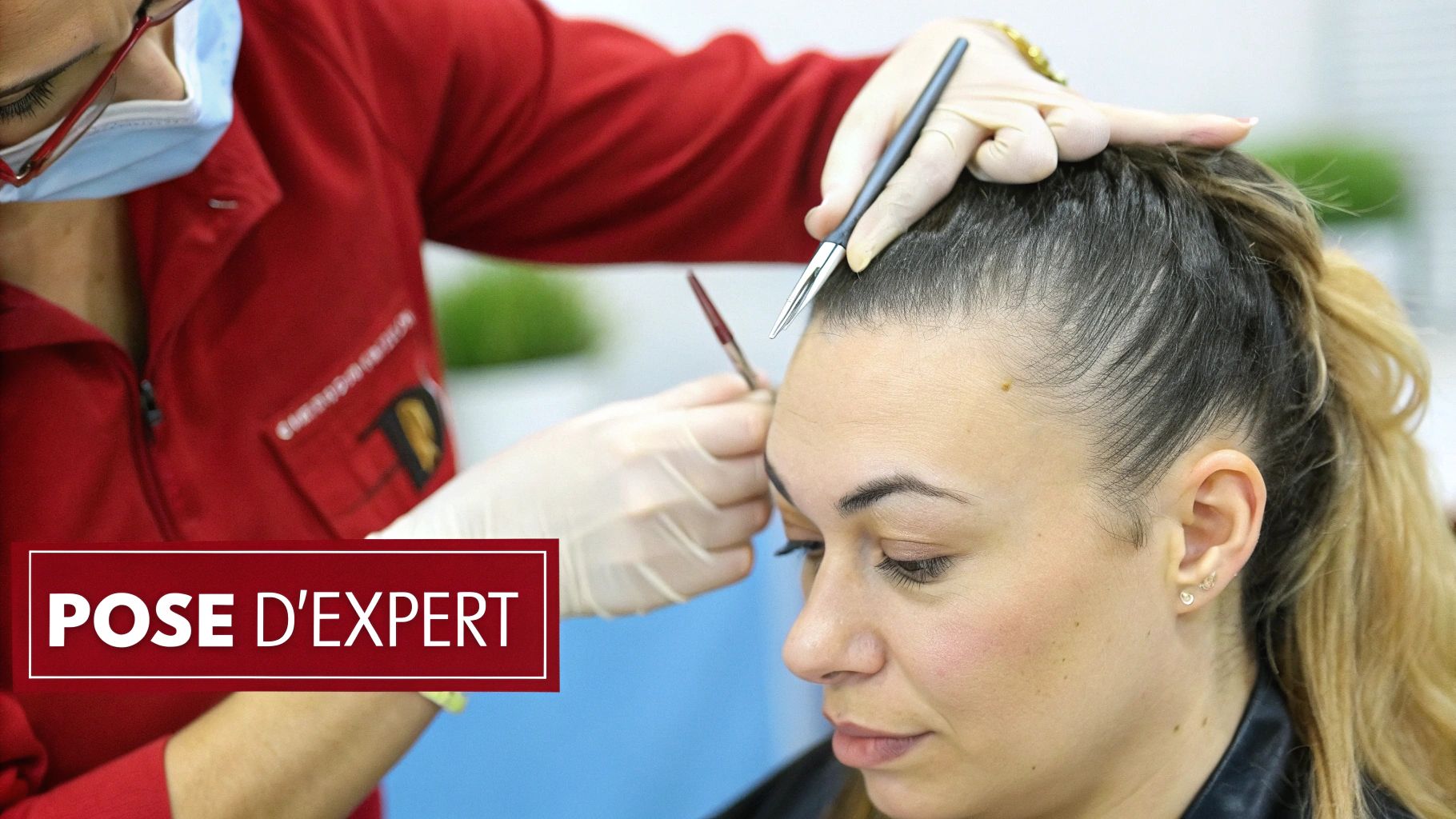 Technicienne experte posant une prothèse capillaire lace frontal sur une cliente en salon professionnel