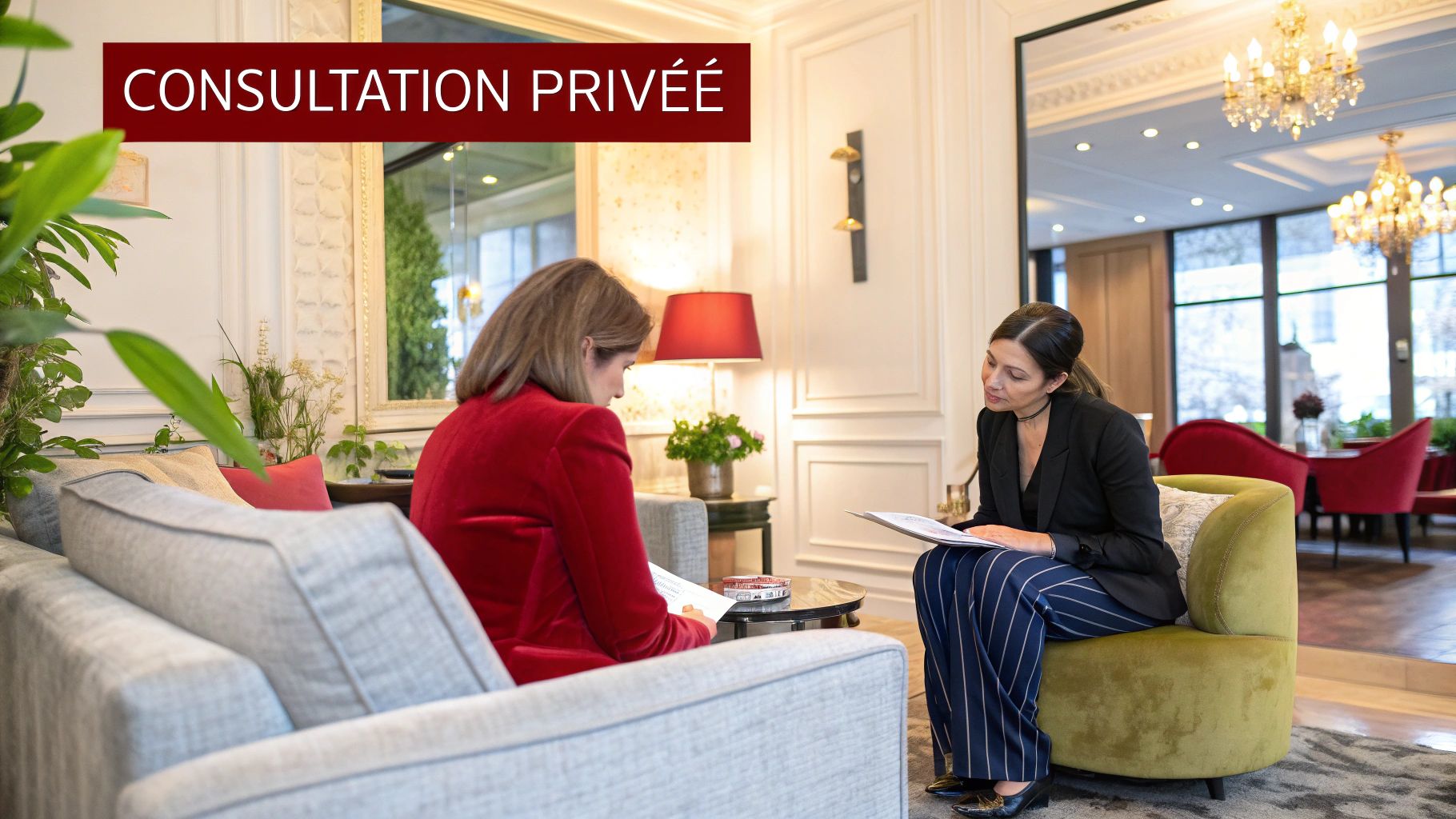 Femme recevant une consultation privée pour une perruque dans un salon parisien luxueux