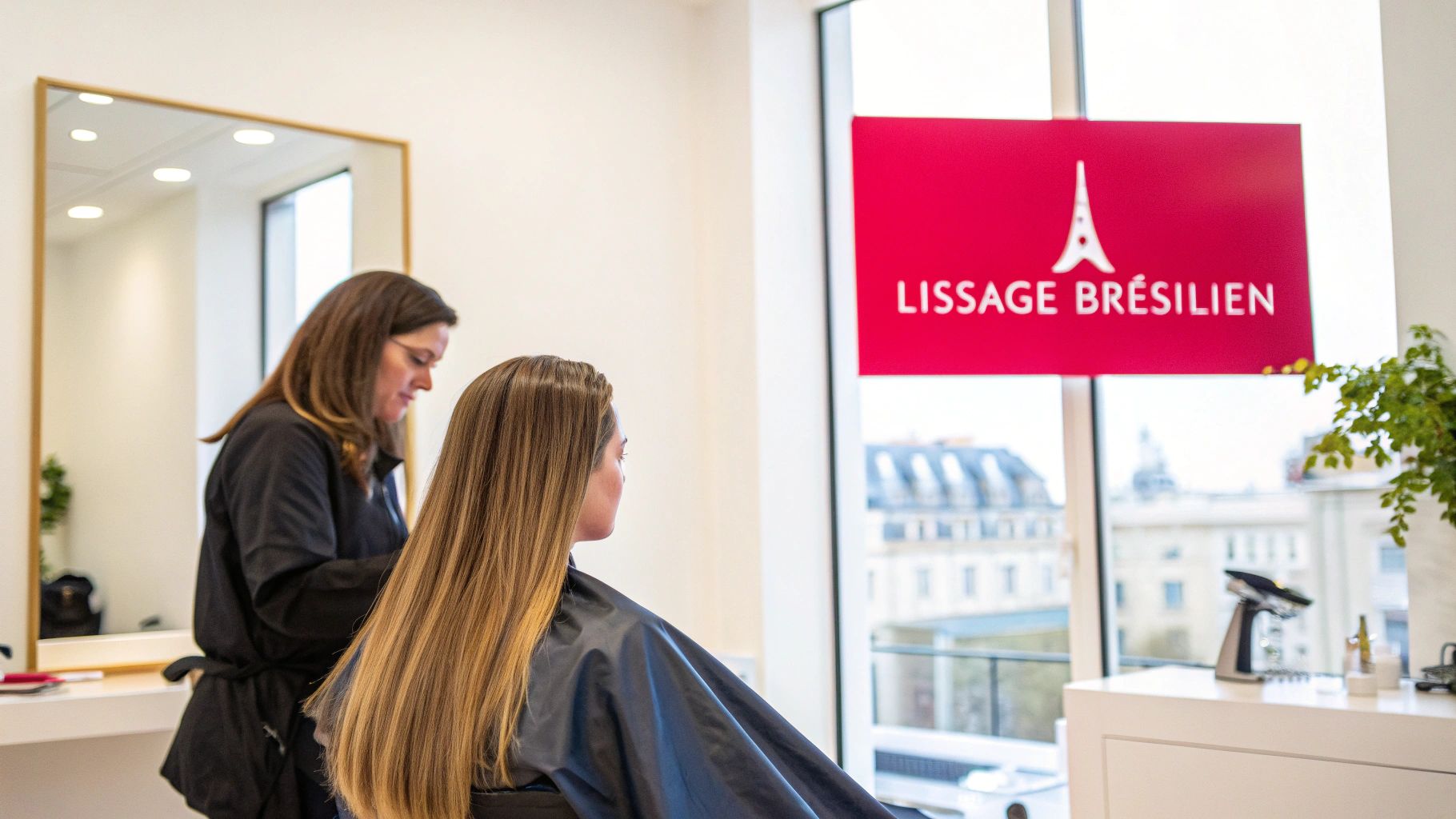 Une coiffeuse réalise un lissage brésilien sur les longs cheveux d'une cliente dans un salon lumineux.