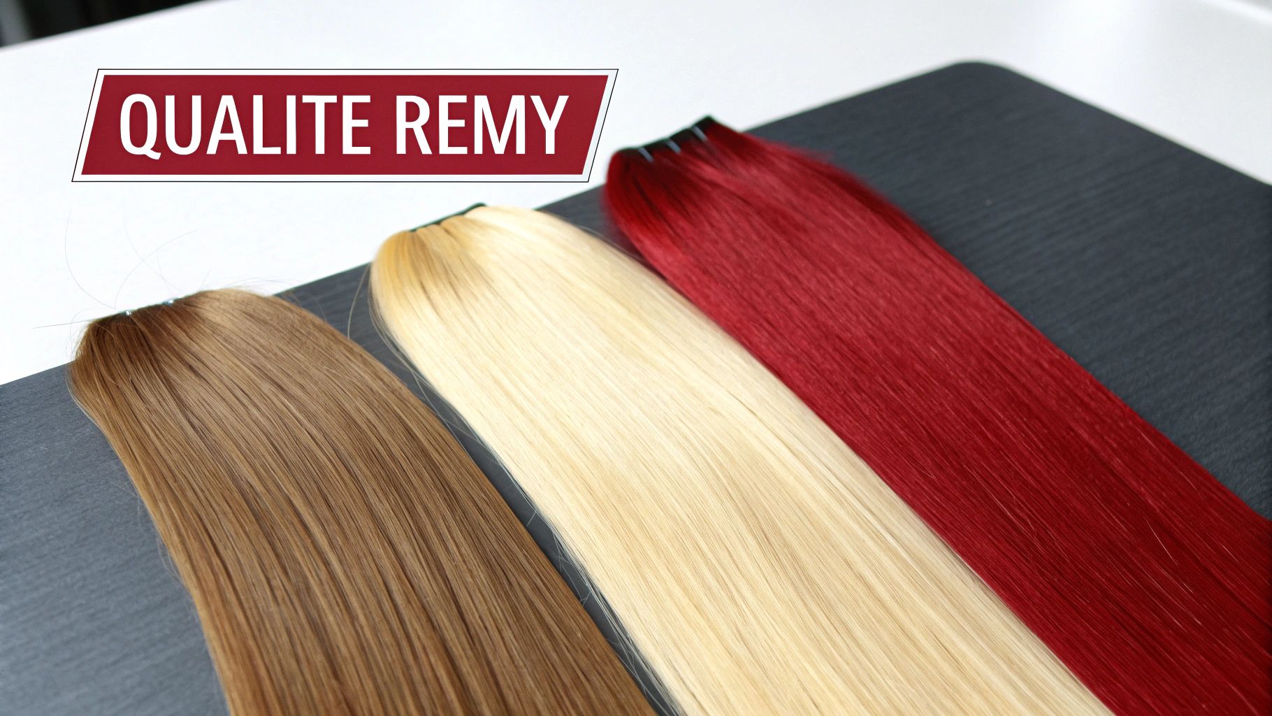 Trois extensions de cheveux de qualité Remy en brun, blond et rouge sur fond blanc et noir.