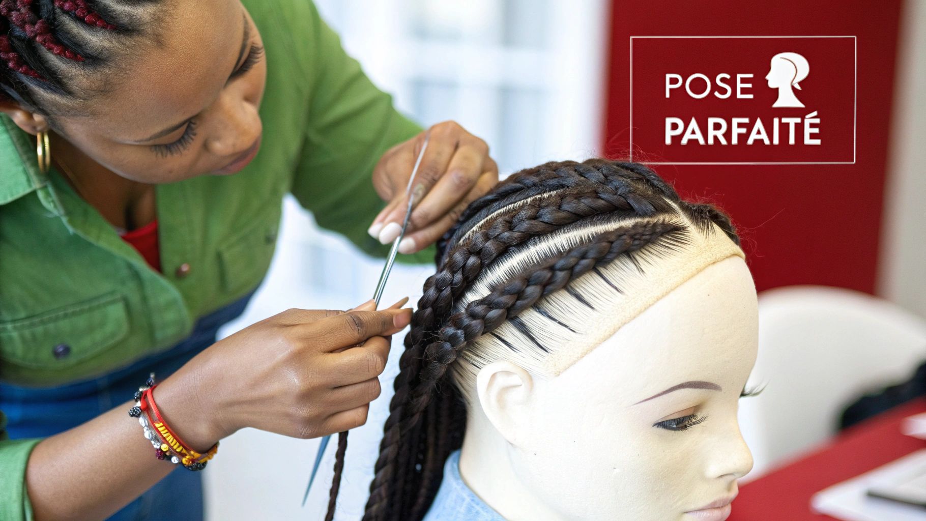 Une coiffeuse tresse des mèches naturelles sur une tête de mannequin, créant un style complexe et élégant.