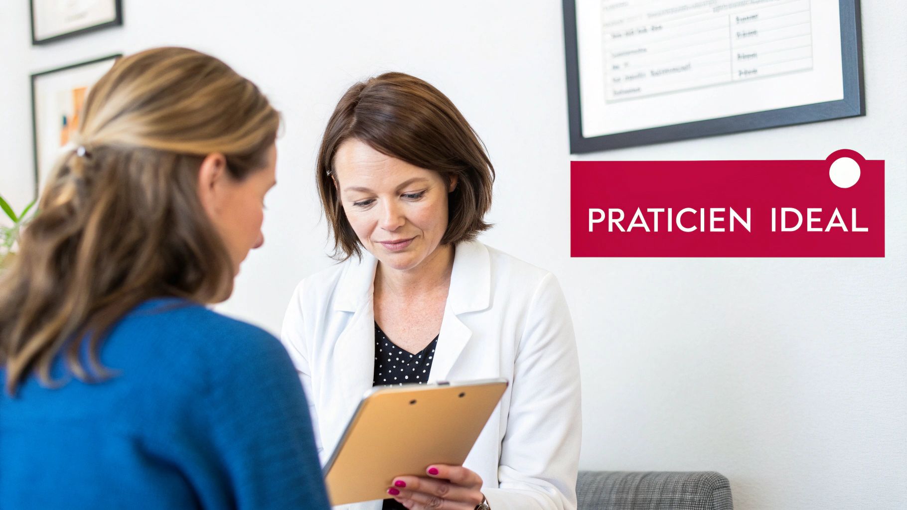 Professionnelle de santé en blouse blanche consultant une tablette avec une patiente lors d'une consultation médicale