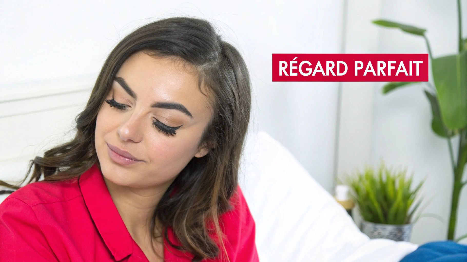 Jeune femme aux longs cils et maquillage des yeux regardant vers le bas, avec le texte "REGARD PARFAIT".