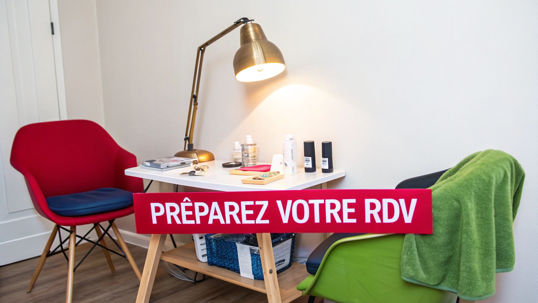 Une table blanche avec une lampe dorée, des produits de beauté et deux chaises colorées. Un panneau rouge indique 'PRÉPAREZ VOTRE RDV'.