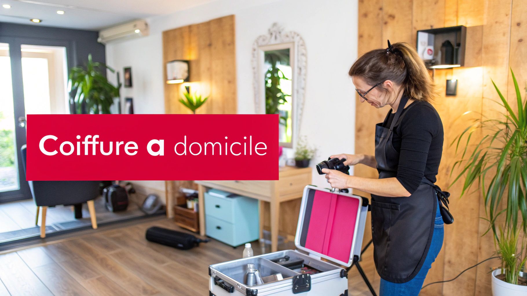 Une photographe prépare son équipement dans un salon de coiffure à domicile, mettant en valeur le service.