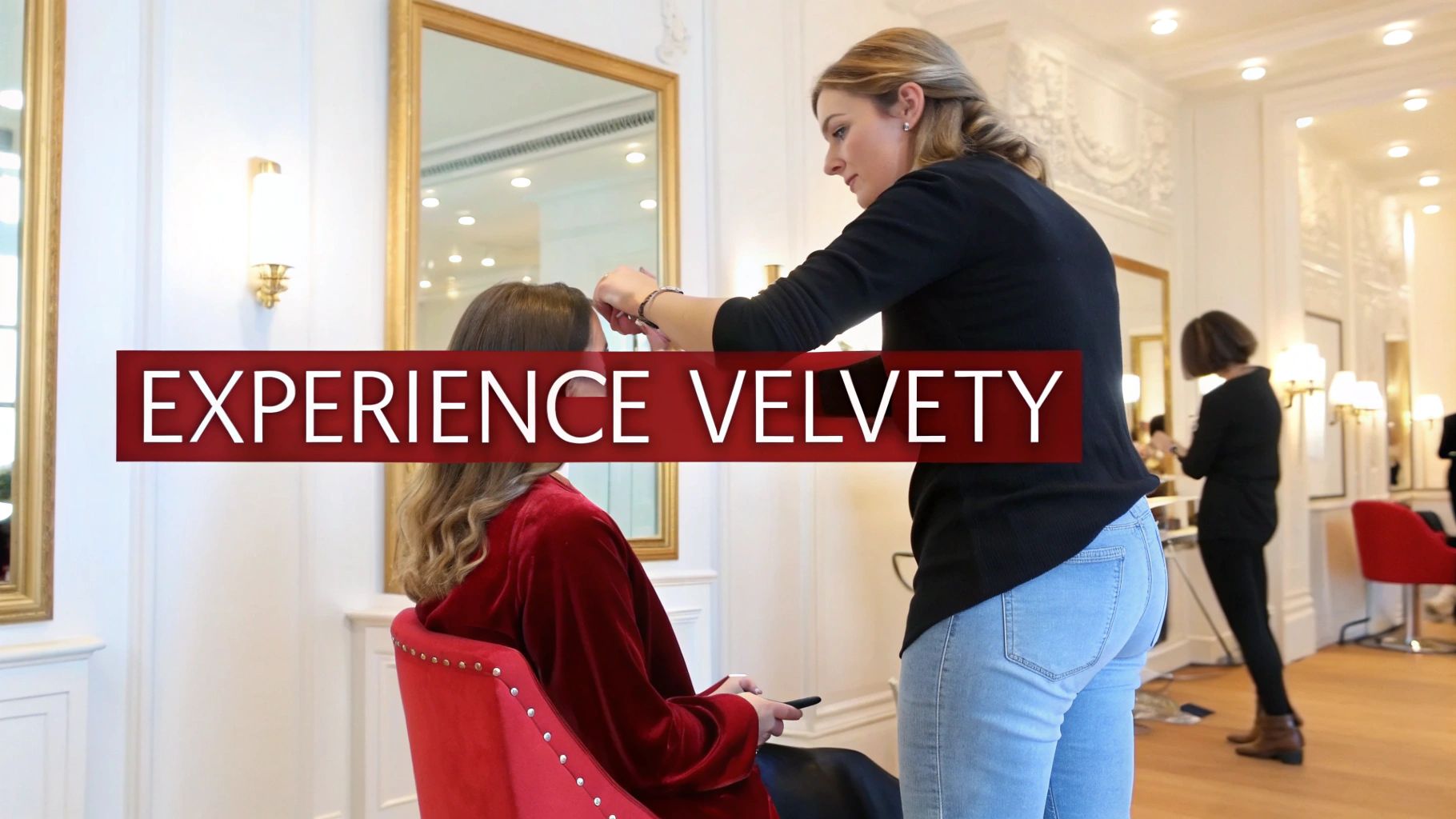 Coiffeuse stylisant les cheveux d'une cliente dans un salon élégant et lumineux, avec le texte «EXPERIENCE VELVETY».