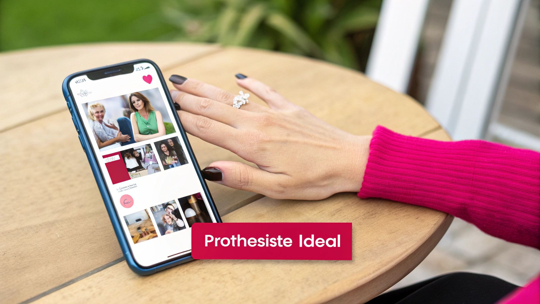 Une main sur une table en bois navigue sur un smartphone affichant des photos et un texte "Prothésiste Idéal".