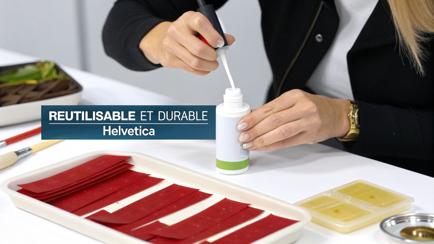 Une personne remplit une bouteille de liquide blanc avec un applicateur, entourée de bandes rouges et d'articles d'artisanat.