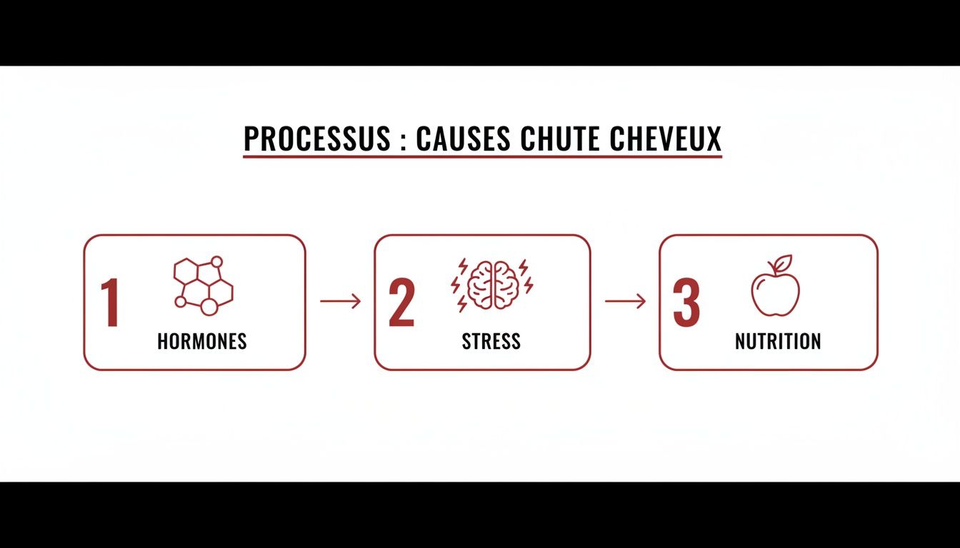 Infographie listant les trois principales causes de la chute de cheveux : hormones, stress et nutrition.