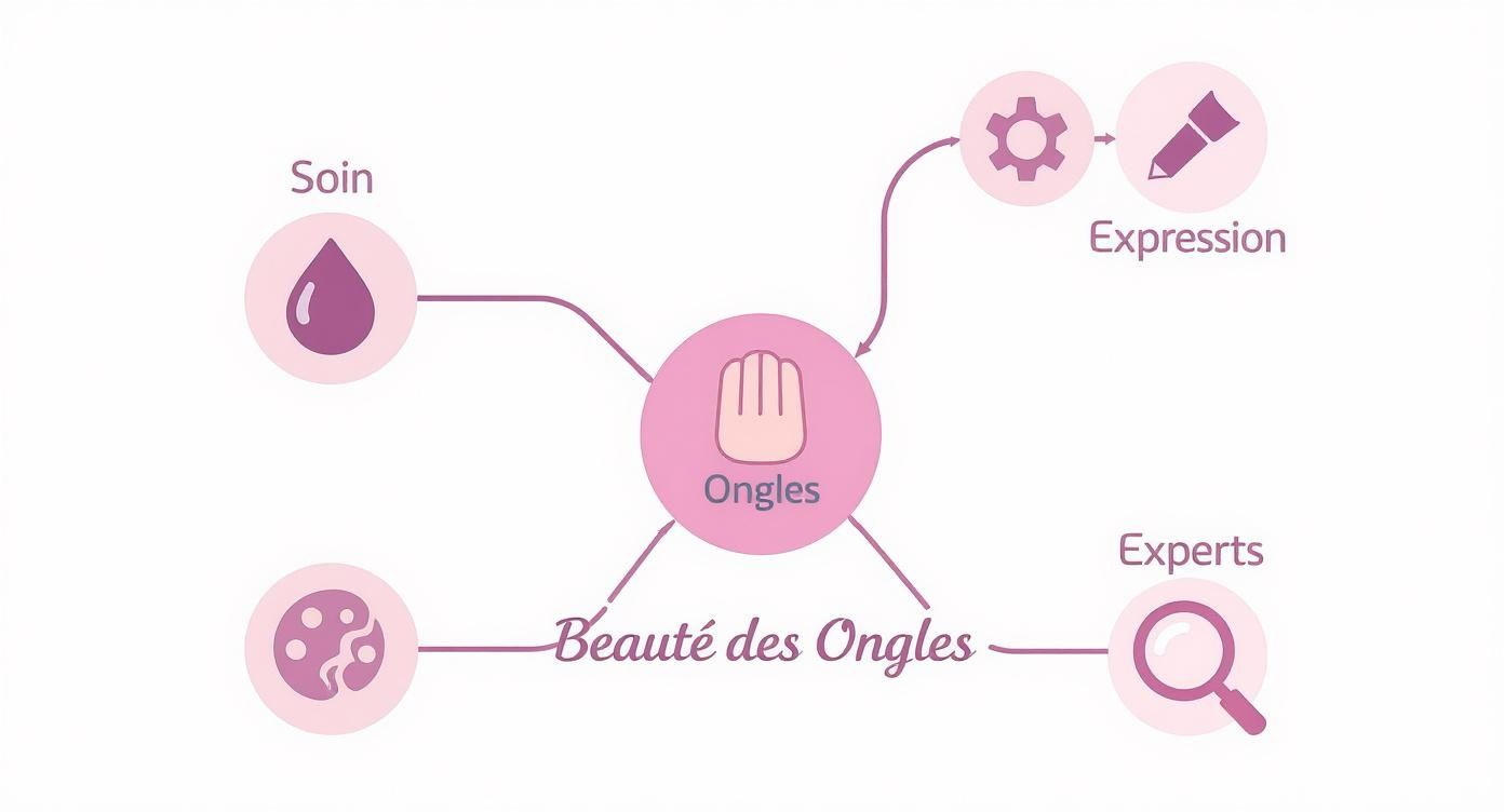 Diagramme illustrant la beauté des ongles, incluant le soin, l'expression créative et l'expertise professionnelle.