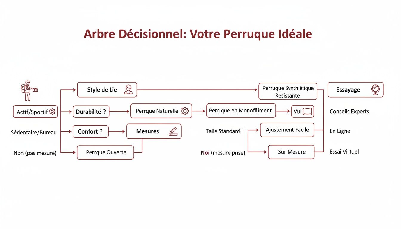 Arbre décisionnel pour choisir la perruque idéale selon l'activité, le style et les mesures.