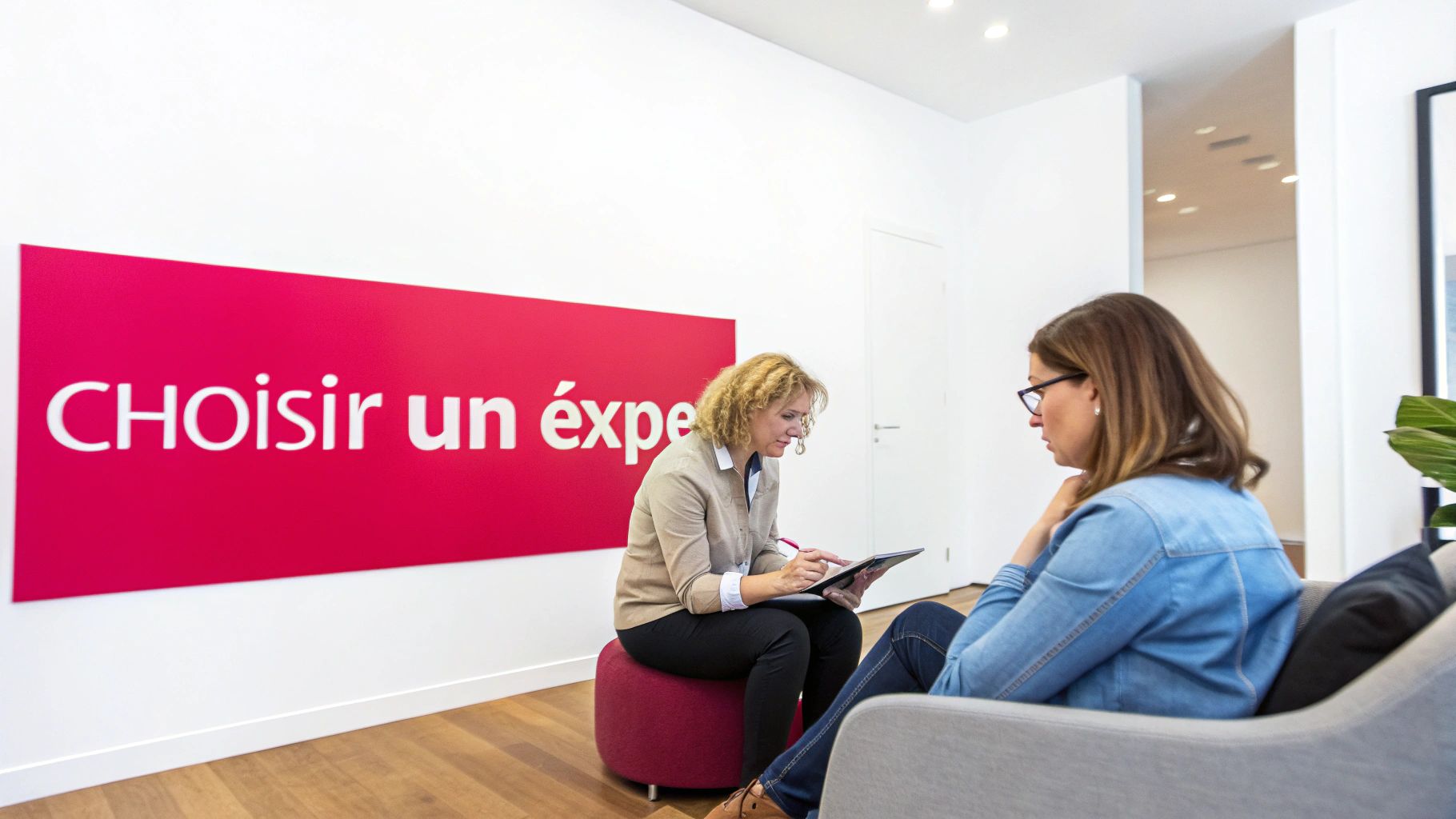 Deux femmes discutent dans un bureau moderne; l'une utilise une tablette, l'autre écoute attentivement.