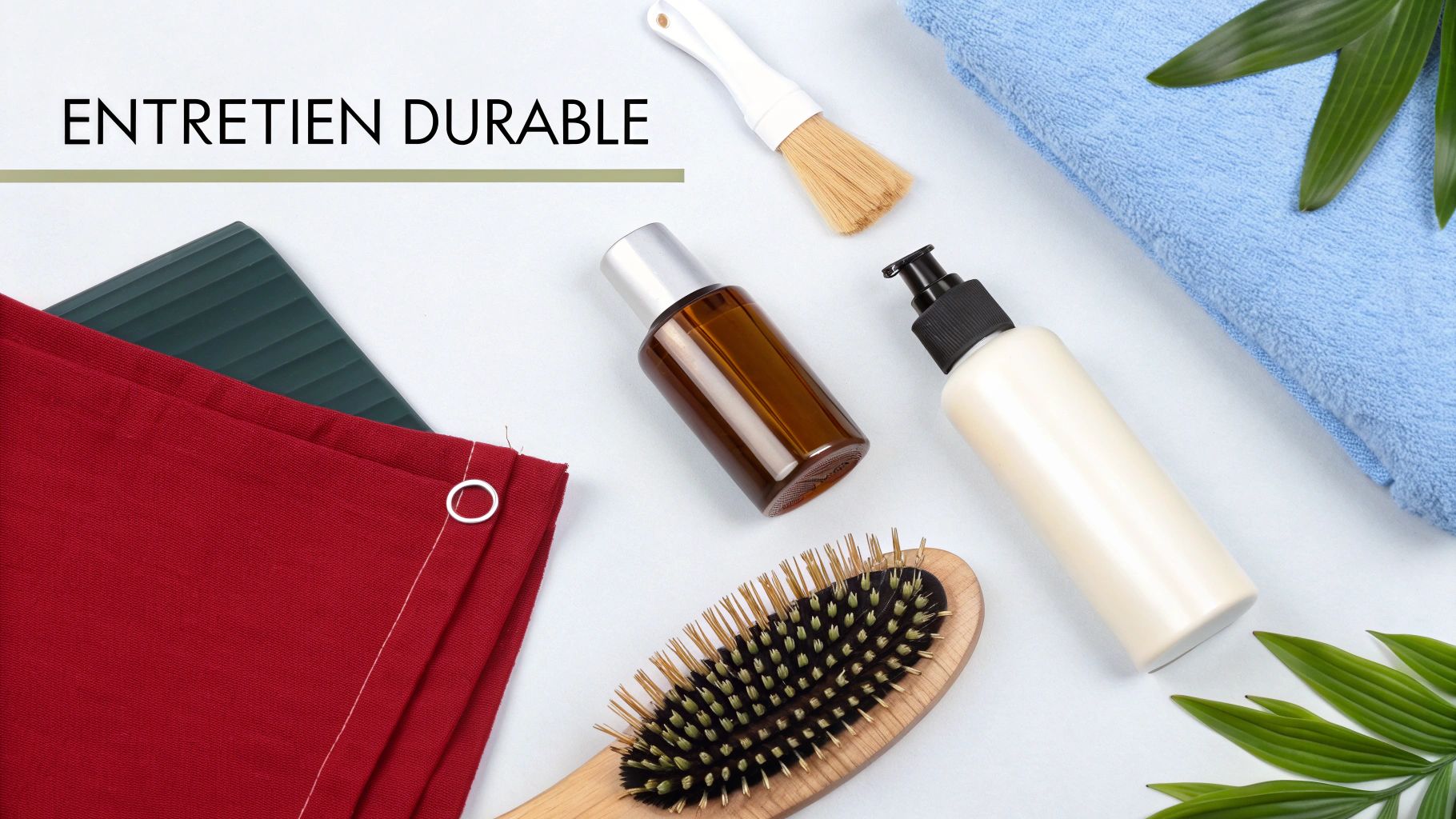 Vue de dessus d'articles de soins durables, incluant brosse à cheveux, flacons, serviette et tissu rouge.