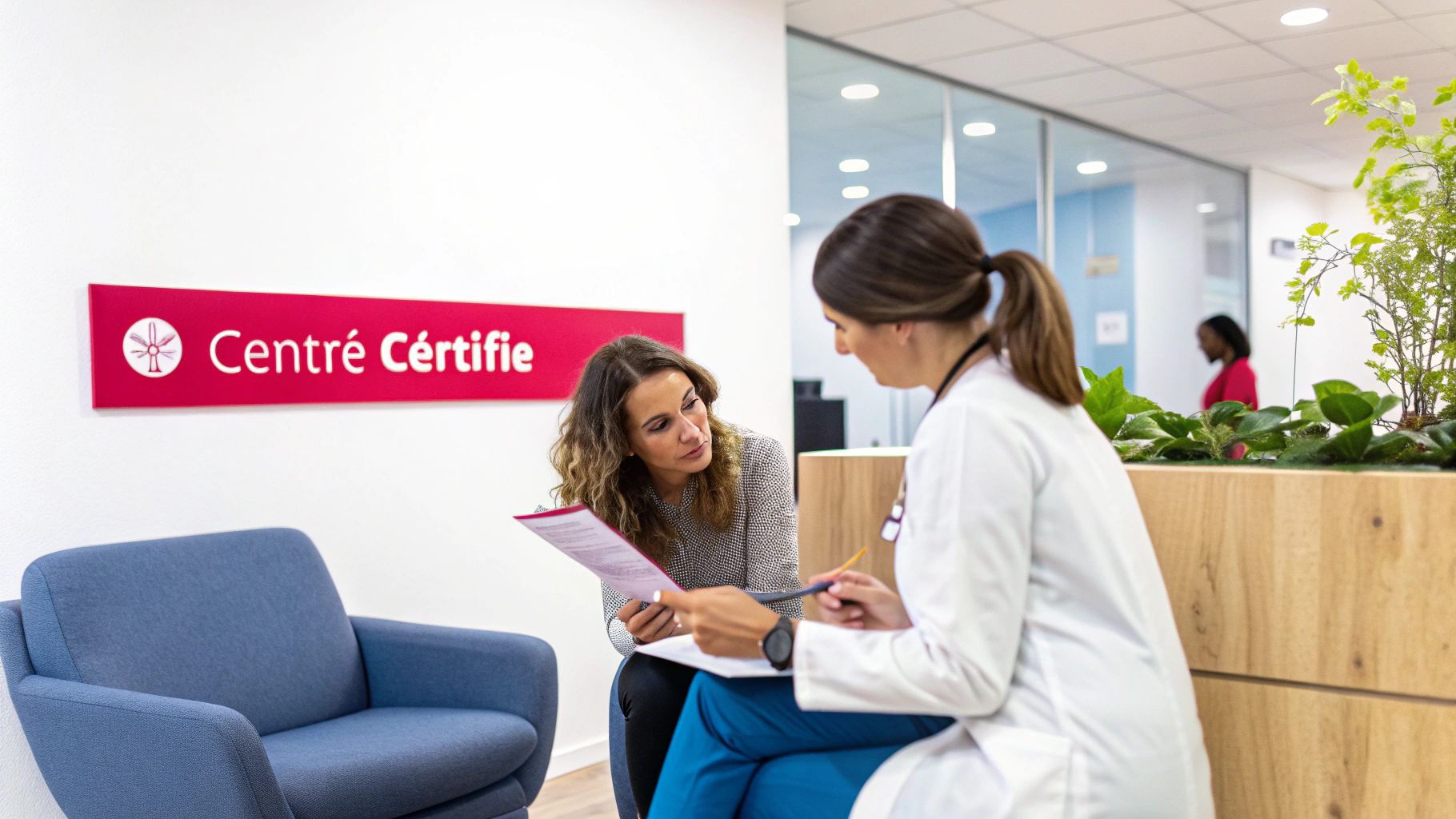 Dialogue entre une professionnelle de la santé et une patiente dans un environnement médical lumineux et serein.
