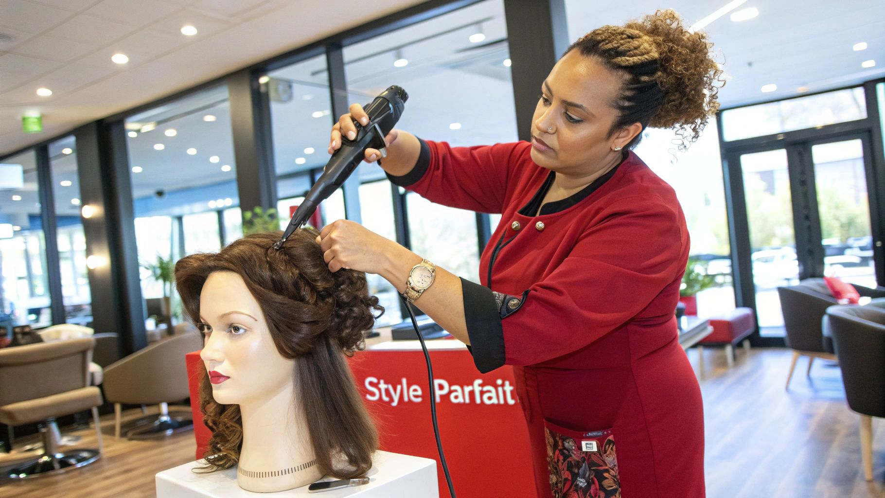 Une femme prépare sa perruque lace frontal sur une tête de mannequin avant la pose.