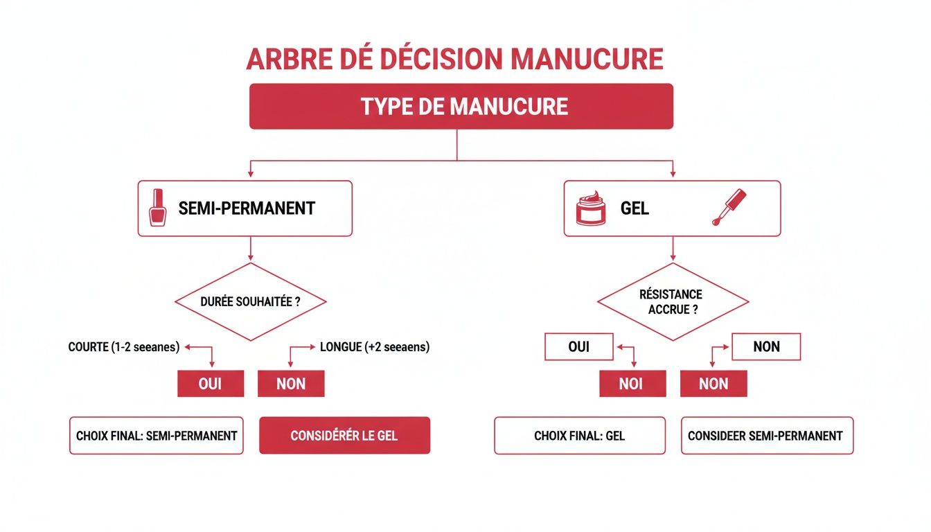 Arbre de décision pour manucure, guidant le choix entre vernis semi-permanent et gel selon durée et résistance souhaitées.