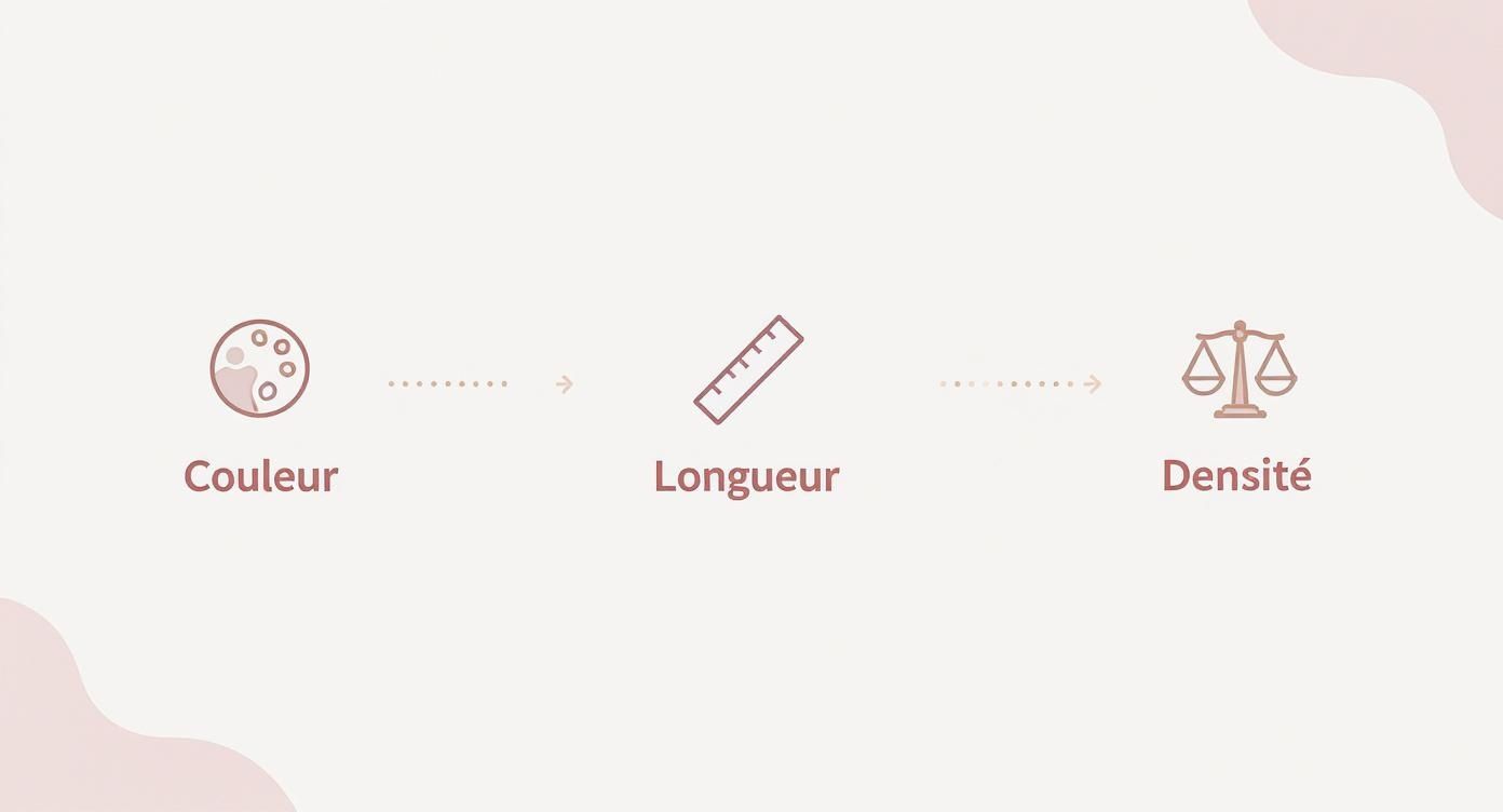 Icônes représentant la couleur, la longueur et la densité, attributs clés des extensions capillaires.