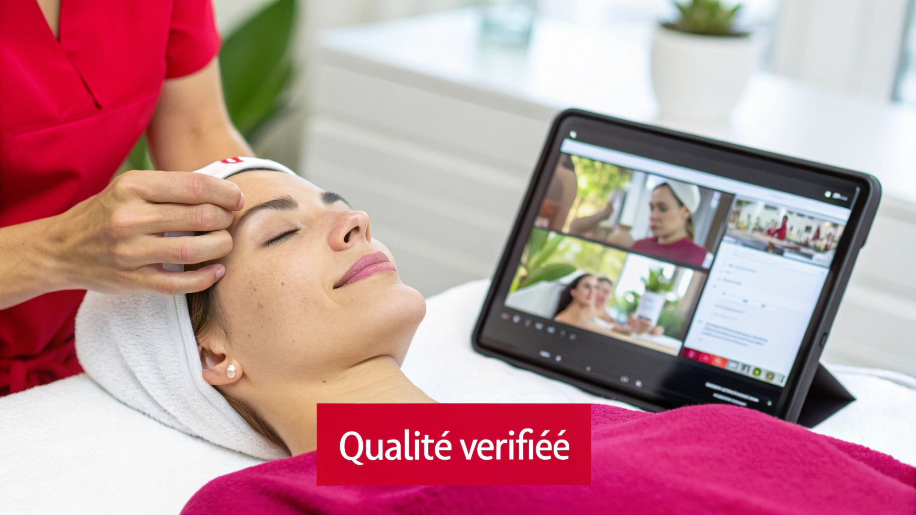 Une femme reçoit un soin du visage relaxant, tandis qu'une tablette affiche des vidéos de démonstrations de beauté, garantissant une qualité vérifiée.