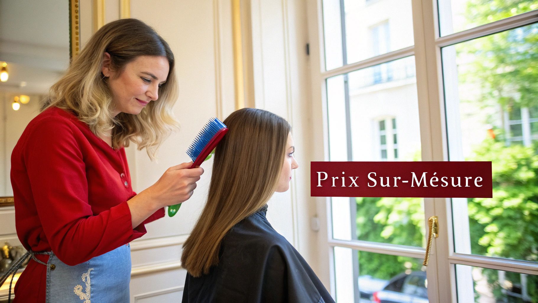 Une coiffeuse brosse les longs cheveux d'une cliente dans un salon lumineux, avec le texte 'Prix Sur-Mesure'.