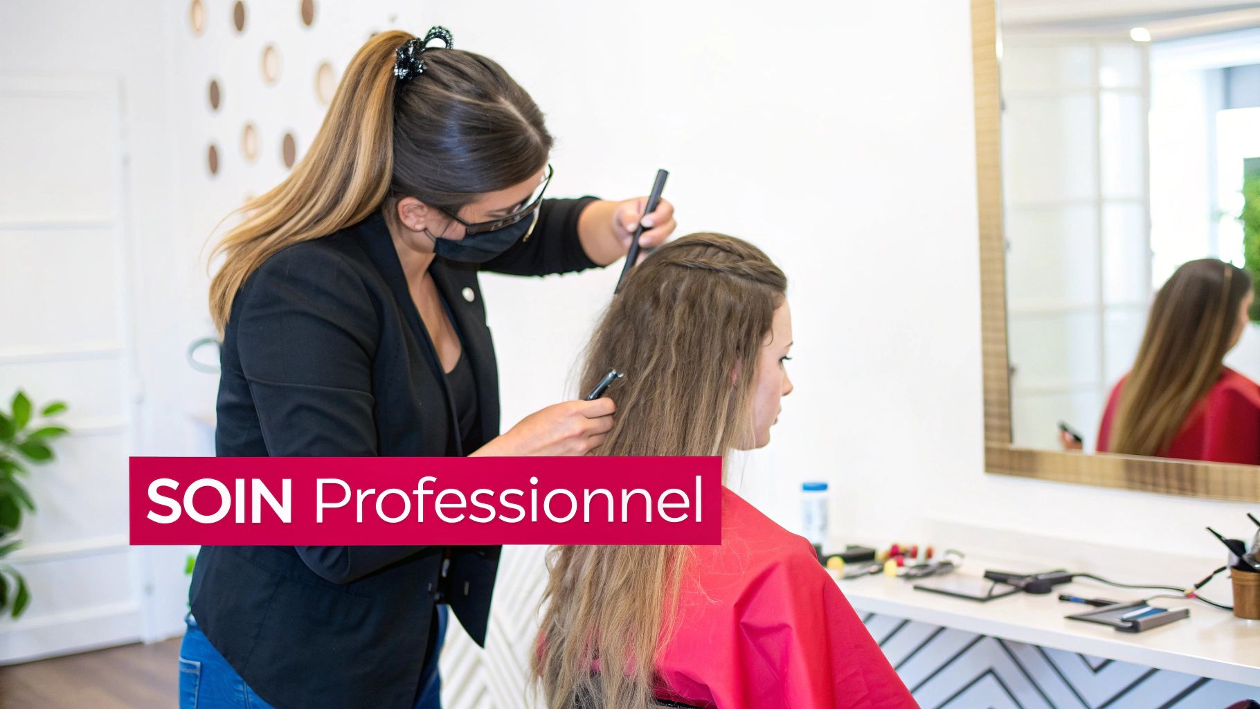 Une coiffeuse avec masque coiffe les longs cheveux bruns d'une cliente dans un salon moderne.