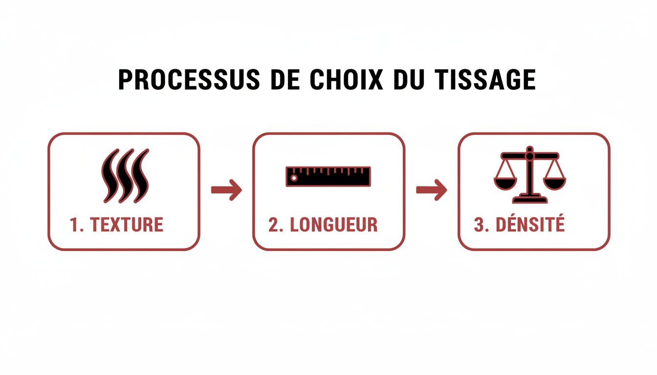 Un diagramme explicatif du processus de choix d'un tissage, incluant la texture, la longueur et la densité.
