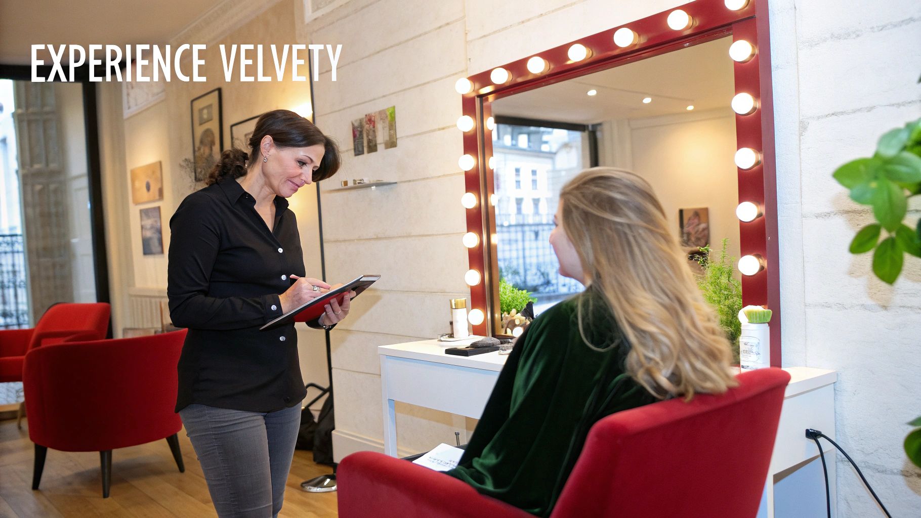 Une consultante en salon discute avec une cliente assise devant un miroir lumineux, offrant une expérience beauté.