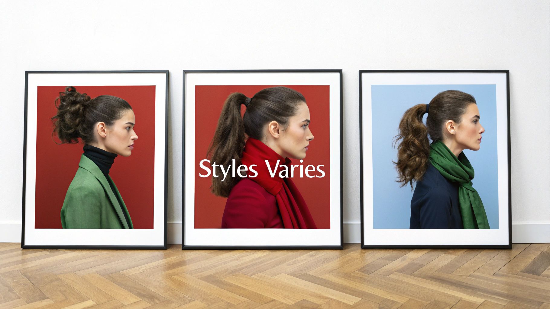 Trois portraits d'une femme montrant différentes coiffures (chignon, queue de cheval) et styles vestimentaires variés.