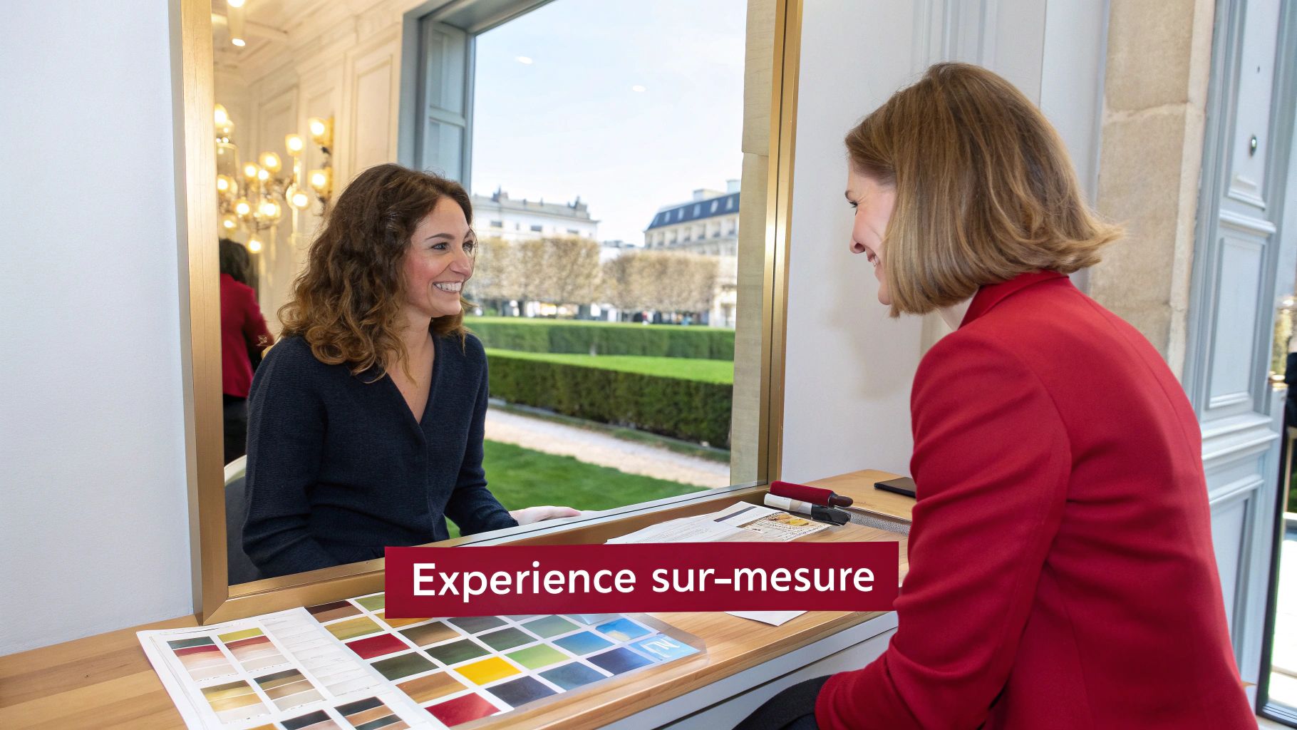 Deux femmes souriantes discutent à un bureau avec des nuanciers, offrant une "Expérience sur-mesure".