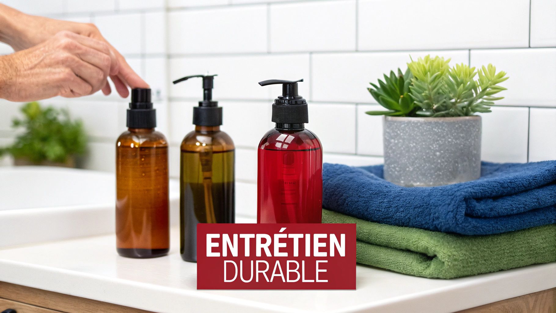 Une main presse un flacon pompe brun sur un comptoir de salle de bain avec d'autres produits et des serviettes.