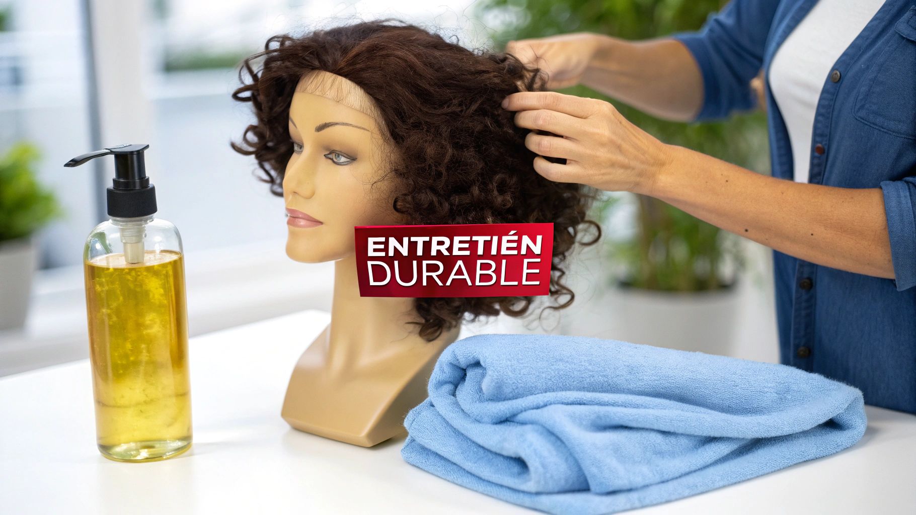 Une personne coiffe une perruque brune bouclée sur un mannequin, avec une bouteille d'huile et une serviette. Bannière : 'ENTRETIEN DURABLE'.