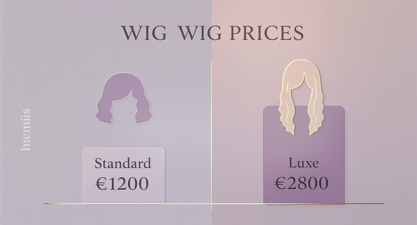 Un tableau des prix des perruques, affichant une perruque Standard à 1200 € et une perruque Luxe à 2800 €.