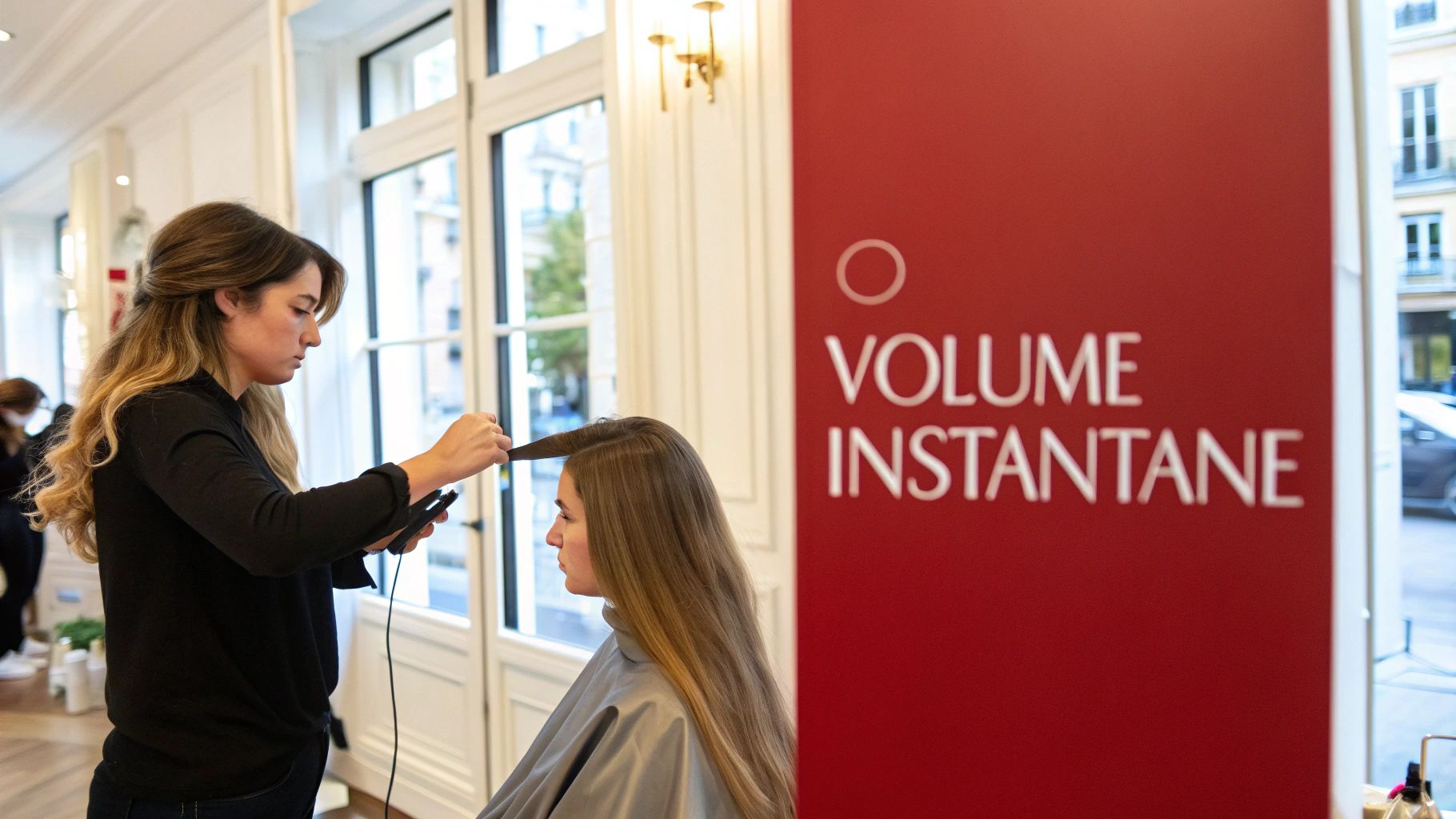Une coiffeuse prépare les cheveux d'une cliente dans un salon, avec un panneau rouge "VOLUME INSTANTANE".