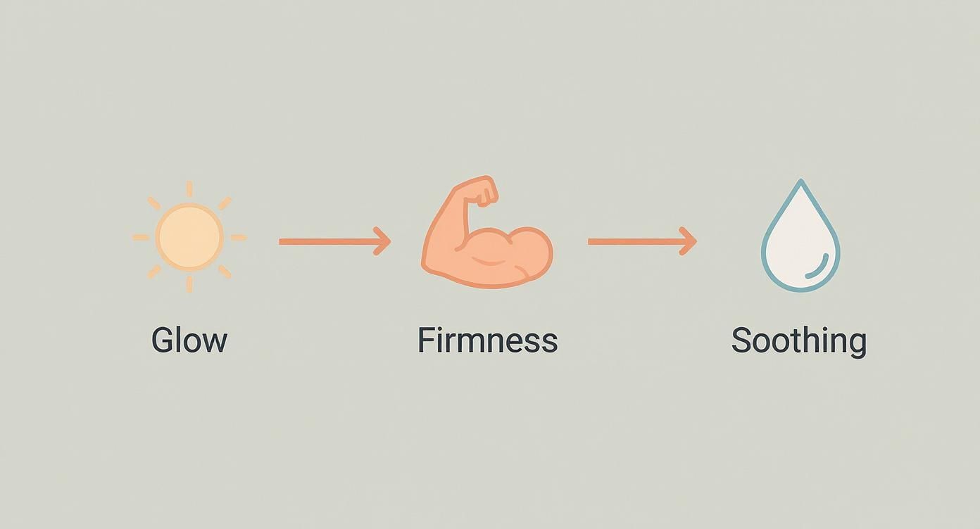Illustration simple montrant trois bienfaits : éclat symbolisé par un soleil, fermeté par un muscle, et apaisement par une goutte d'eau.