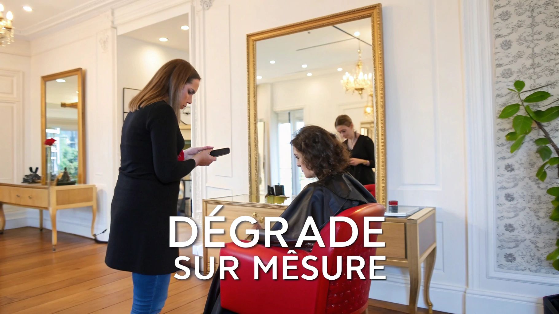Coiffeuse utilisant son téléphone à côté d'une cliente assise dans un salon de coiffure élégant.