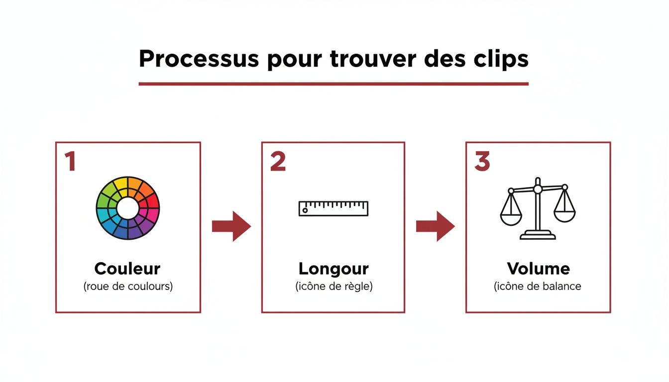 Infographie présentant le processus en 3 étapes pour trouver des clips: couleur, longueur et volume.