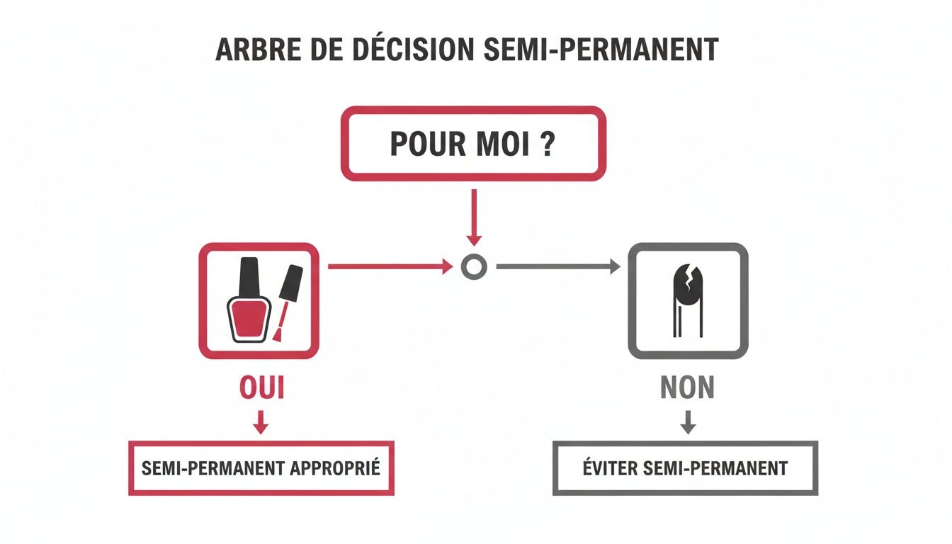 Un arbre de décision illustrant le choix d'appliquer ou non du vernis semi-permanent, avec des icônes et des résultats.