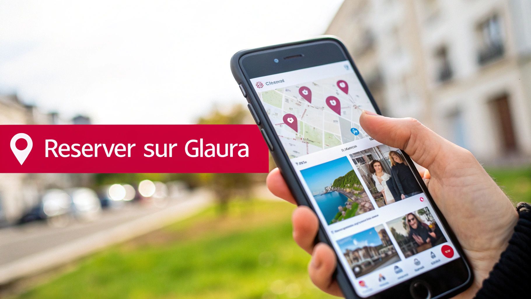 Une personne tient un smartphone affichant une application de carte avec des repères et des photos, et le texte "Réserver sur Glaura" sur une bannière rouge.
