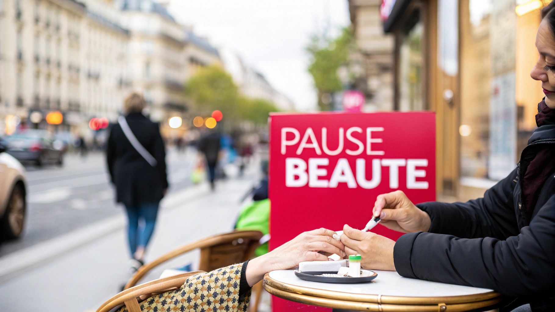 Personne se faisant faire les ongles à une table extérieure de café, avec un panneau rouge 'PAUSE BEAUTE'.