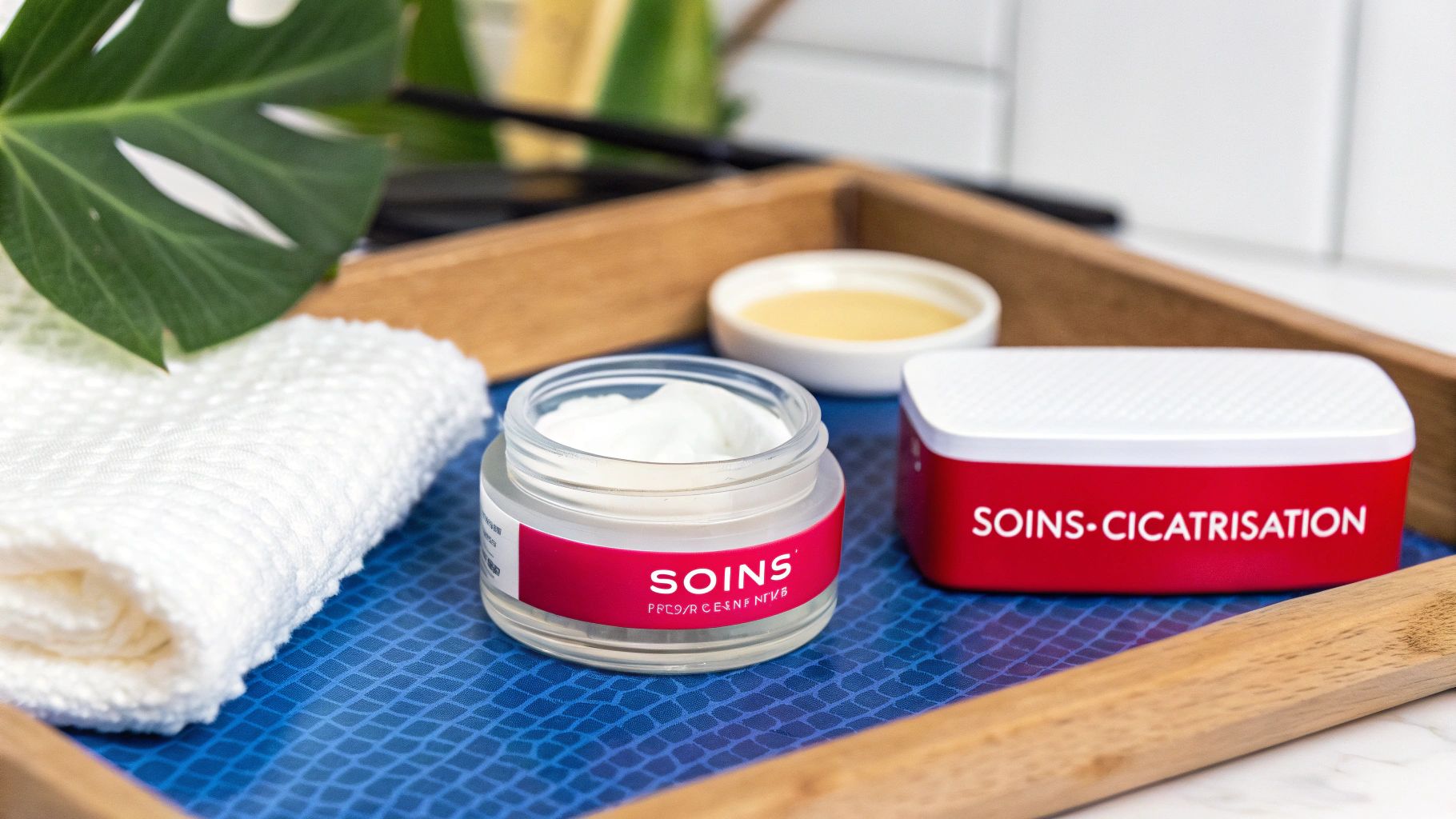 Plateau en bois avec des produits de soin de la peau, une serviette blanche et une feuille verte pour une ambiance spa.