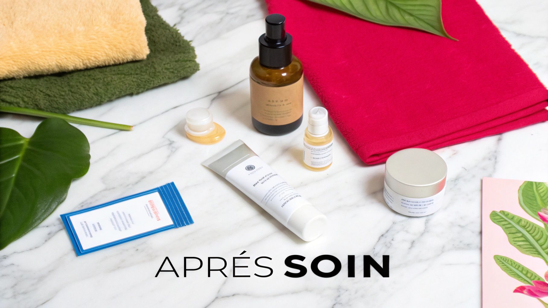 Produits de soins esthétiques et serviettes sur marbre, parfaits pour l'après-soin du visage.