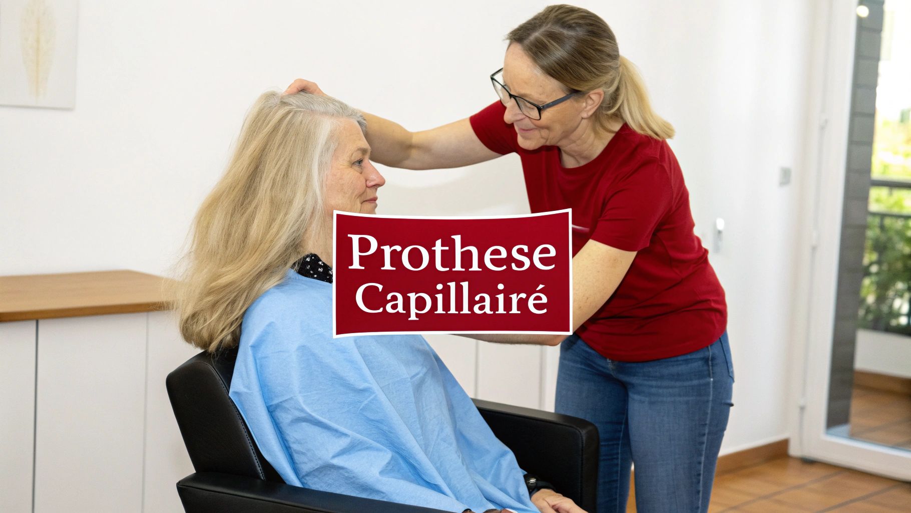 Une styliste ajuste la prothèse capillaire d'une femme aux cheveux longs et blonds dans un salon.