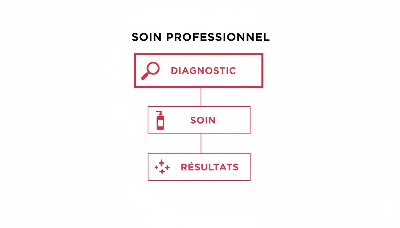 Schéma illustrant les trois étapes clés d'un soin professionnel : diagnostic, soin et résultats.