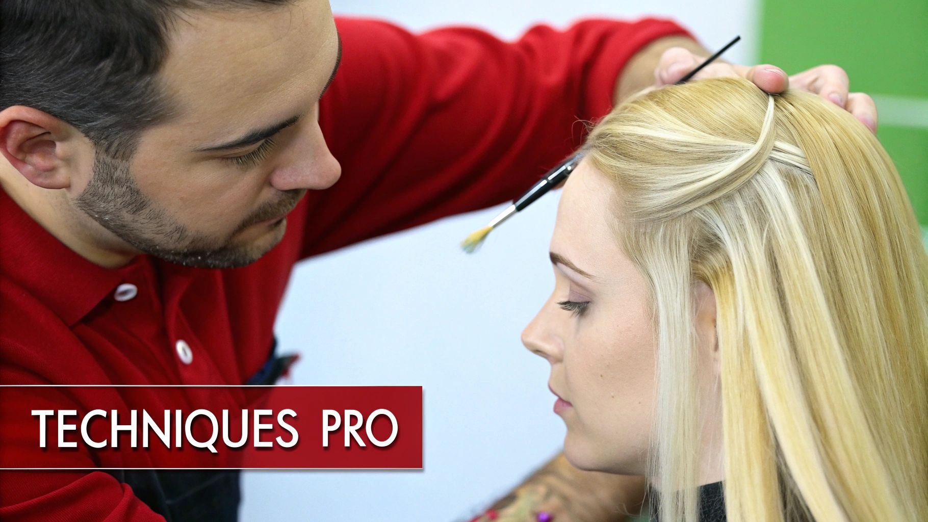 Coiffeur appliquant une technique professionnelle sur les mèches blondes naturelles d'une cliente, focalisant sur les racines.