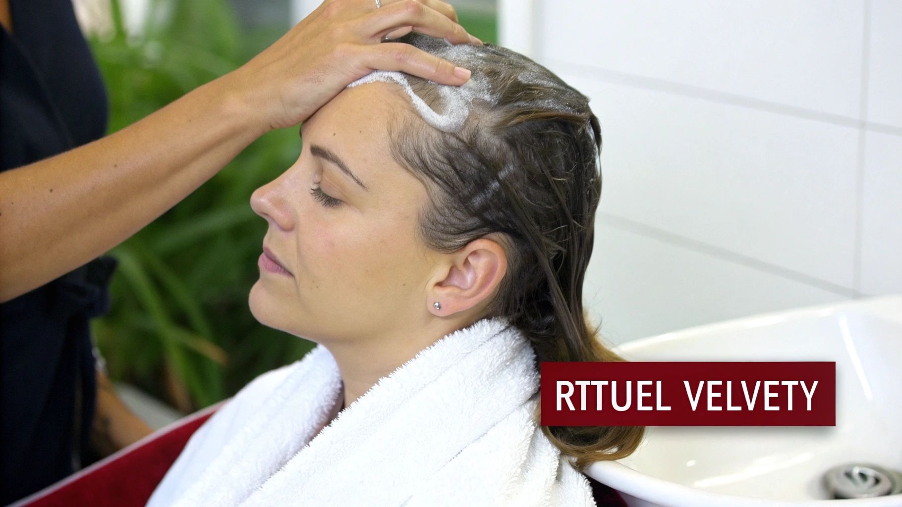 Personne appliquant un masque capillaire avec soin sur une mèche de cheveux