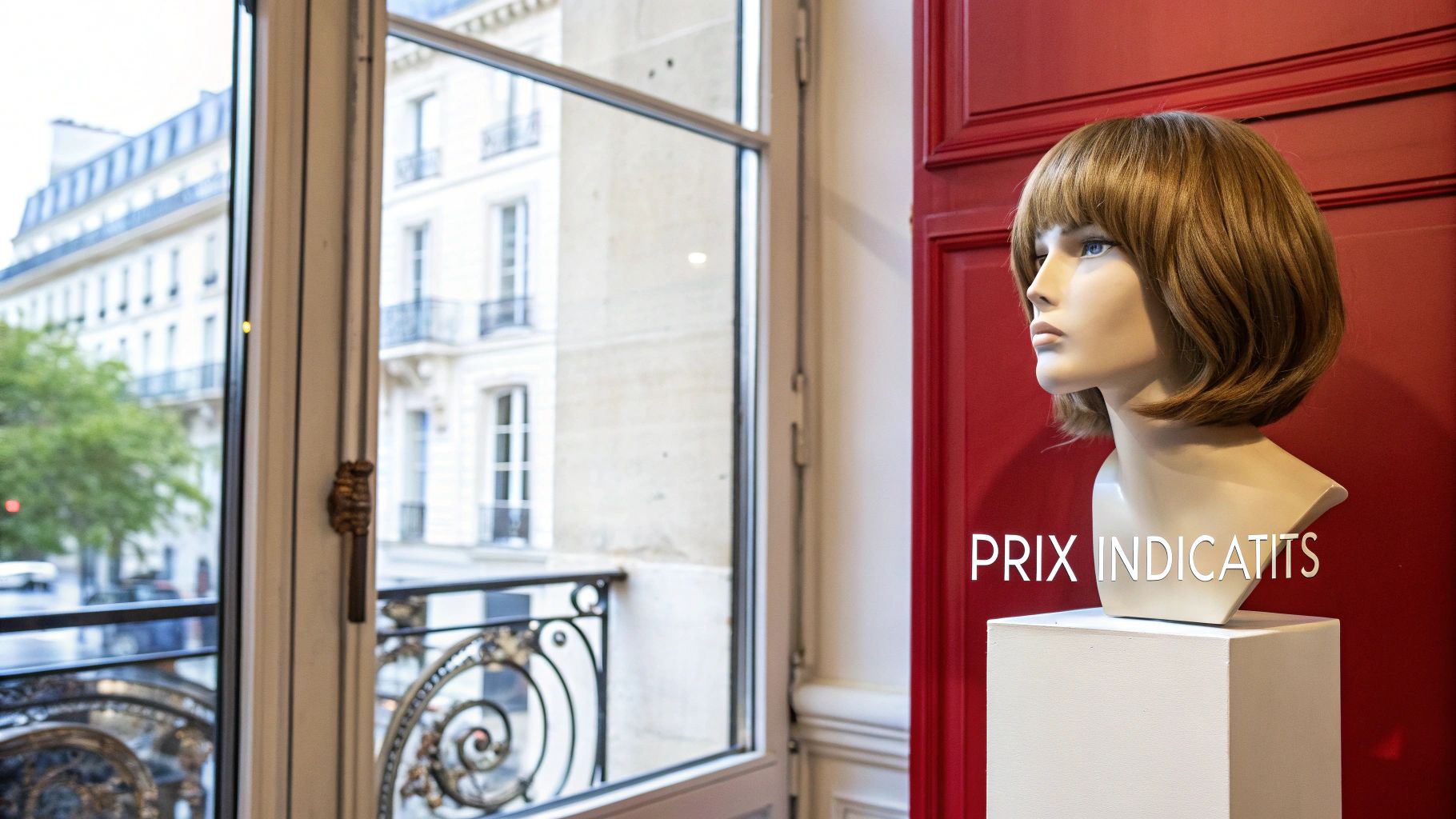 Mannequin portant une perruque courte marron sur un piédestal, avec fenêtre donnant sur des bâtiments parisiens en arrière-plan.