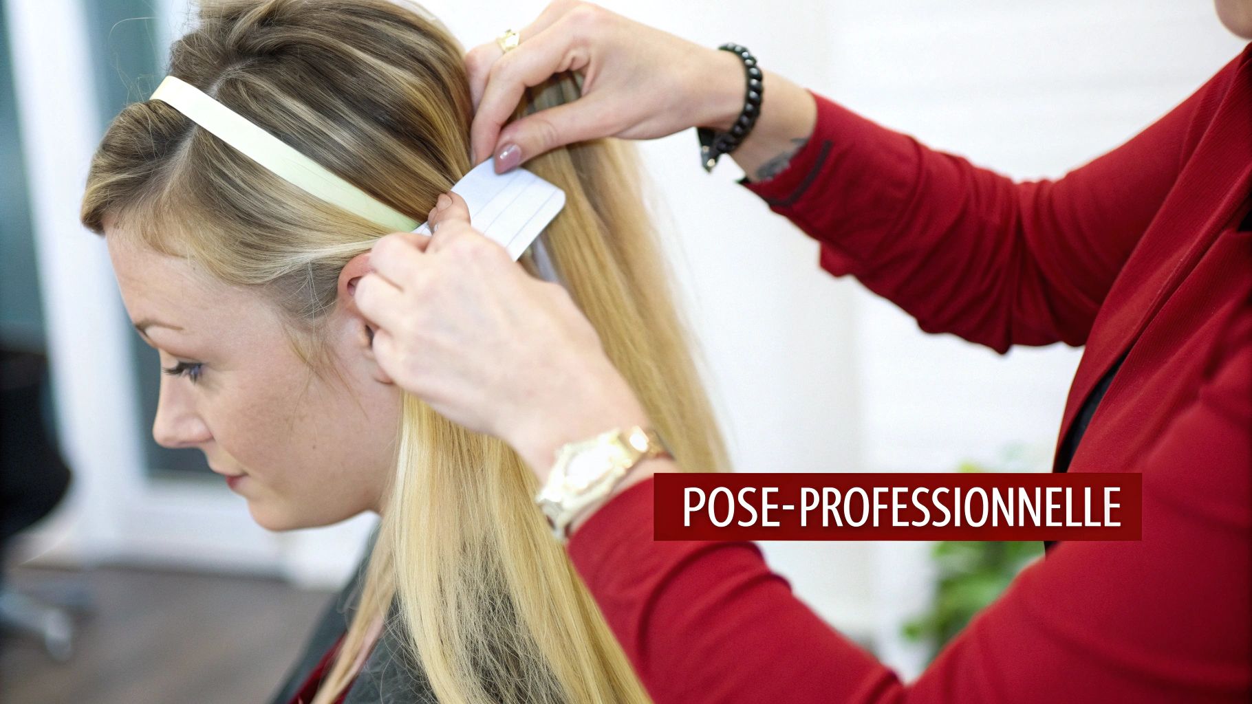 Pose professionnelle d'extensions de cheveux blonds sur une jeune femme, avec application d'adhésifs.